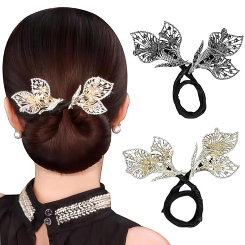 VYZUTR 2 Stück Dutt Maker,Strass Blumen Haarspange,Französische Twist Haarnadel Haarknotenmacher für Haare,Elegantes Haar Zubehör für Frauen, Geeignet für Mittleres Bis Langes Haar, Lazy-Haarknoten
