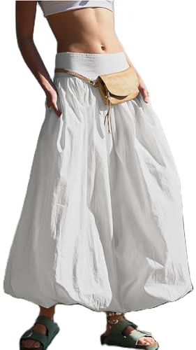 Owegvia Palloncino da donna Gonne Lunghe Elegante Vita Alta Tinta unita A-Line Gonne Casual Flowy Gonne Cocco Ragazza Estetica, A- bianco., XL