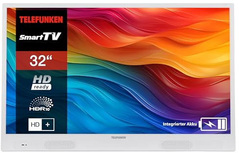 TELEFUNKEN 32 Zoll Fernseher tragbar mit integriertem Akku (HD Smart TV, Triple-Tuner, 6 Monate HD+ inkl.) PL32WI weiß