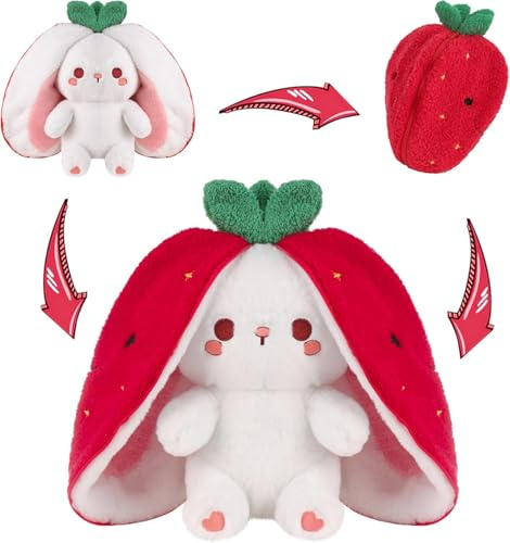 seOSTO Easter Strawberry Bunny Plush 7inch/18cm Cute Plushies Reversible Cuddly Rabbit Presents with Zipper, Birthday Gifts for Babies Toddlers Kids Boys Girls