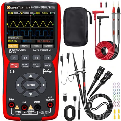 XEAST 3 in 1 Oscilloscope Multimeter with Signal Generator 25,000 Counts, 2-Channel, 50 MHz, 280 MSa/s, 3.5″ IPS Colour Display Multimeter Oscilloscope with Auto-Calibration Data Export (XE-703S)