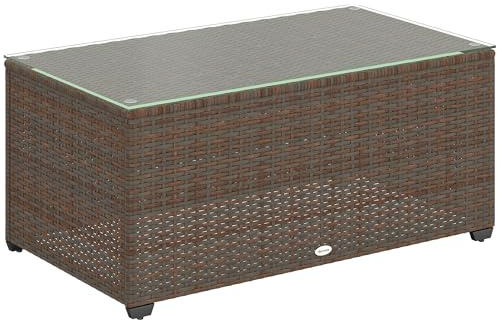 Outsunny Mesa auxiliar de ratán de polietileno con parte superior de vidrio templado, mesa auxiliar rectangular de mimbre con marco de acero para patio, balcón, 90 x 50 x 38 cm, color marrón