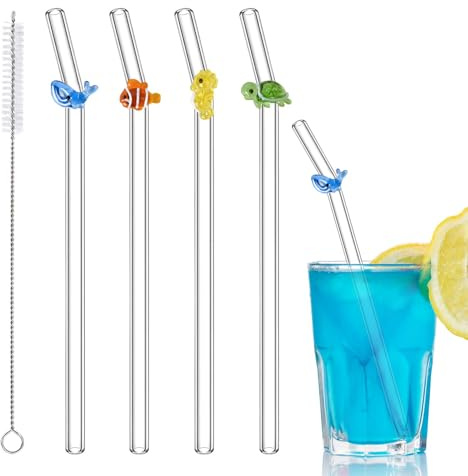 4 Pcs Glass Straws Shatter Resistant with 1 Cleaning Brushes, Colorful Cute Reusable Straw for Ocean Themed Party Decorations, Juice, Summer Beach, Birthday Party(Sea Animal)