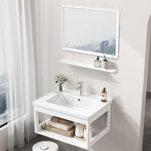 XDCXYD Lavabo da Appoggio in Ceramica Integrato da Parete per Bagno, Piccolo Appartamento, Casa(White(Square Mirror),70 * 40cm)