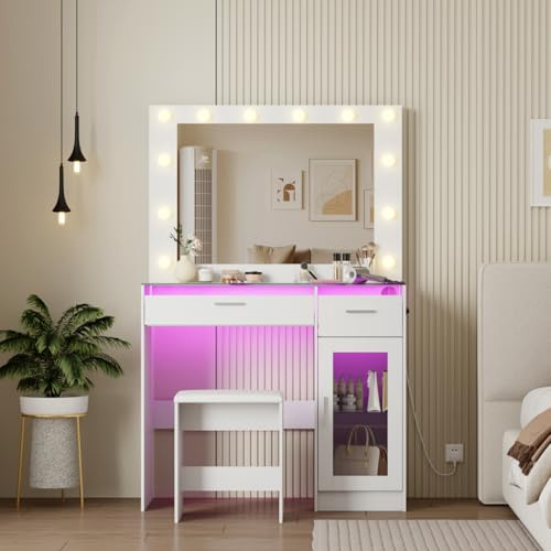 BSTSEL Multi functional White Dressing Table with Stool, with Adjustable mirror, Color Changing Light, 2 Drawers, 1 Shelf, Equipped with UK Standard Sockets, Tempered Glass Design, 90 x 40 x 140 cm