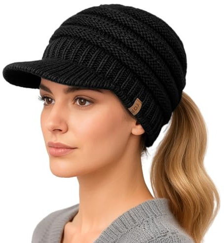 TOP-EX Chicpony™ Gorro de lana para mujer, cálido, gorro de invierno con forro polar, gorro de punto con visera para cola de caballo, Talla única