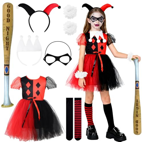 BITOYO Quinn Costume da Bambini, Carnevale Costume Cosplay fur Kinder, Calze Bastone Gonfiabile Fascia per Capelli Vestito Cosplay Costumi per Halloween Carnevale Feste (Rosso Nero, M)