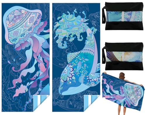 Bingobang 2 Pack Microfiber Beach Towels for Adults Extra Large 180×90 cm | Quick Dry Lightweight Beach Towel with Net Bag, Thin Sand Free Travel Towels for Camping Vacation Gift (Jellyfish and Whale)