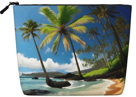 Tropical Palm Tree Hawaii Beach Print Fake Hemp Makeup Bag,Makeup Bag,Travel Bag Pouch,Toiletry Bag with Zipper