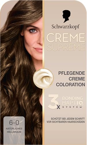 Schwarzkopf Creme Supreme Coloration 6-0 Natürliches Hellbraun (182 ml) | Pflegende Creme Coloration, intensive Haarfarbe mit 3x Bonding HaptIQ System, Colorationscreme mit 100% Grauabdeckung