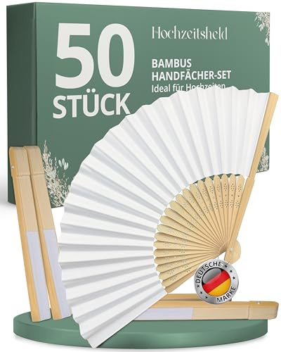 HOCHZEITSHELD Fächer Hochzeit 50 Stück - Elegante Bambus Fächer zur Erfrischung der Gäste - Handfächer Hochzeit als Hochzeitsdeko & Standesamt Deko, Klappfächer Hochzeit als Deko Hochzeit Gastgeschenk