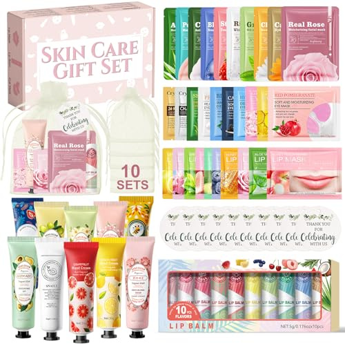 70 Pièces Coffret Femme Cadeau, Lot Masque Visage, Coffret Soin Visage Femme con Creme Mains, Masque Visage, Eye Patch, Masque Levre, Stick Levres, pour les Fêtes SPA, Cadeaux de Mariage