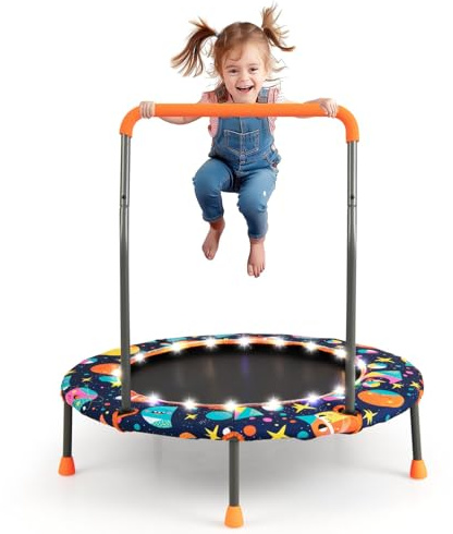 GOPLUS Ø92cm Kindertrampolin, Mini Trampolin mit LED-Lichtern, abnehmbarem Griff & Sicherheitspolster, Indoor Outdoor Gartentrampolin, Fitness Trampolin für Kinder von 3-6 Jahren (Bunt)