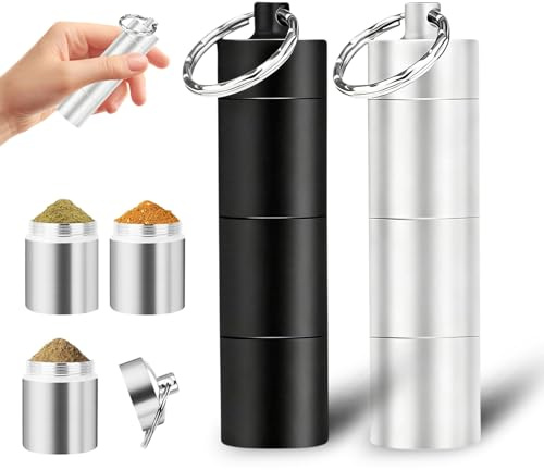 2 Pièces Mini Salières pour les Déplacements Portable, Mini Salières pour les Déplacements Rechargeables Aluminium étanche avec Couvercle Voyages Pique-niques en Plein Air Cuisine (Noir/Argent)