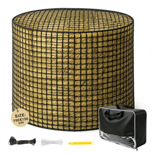 MIGUBIGU Filet a Foin Cheval Grosse Maille 150 x 150 cm, Filet pour Balles Rondes, Mailles de 4,5 x 4,5 cm, Noir, Polypropylène, Filets à Foin Balle Ronde pour Bovins, Moutons et Lamas