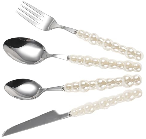 Zerodeko Set Posate da Bistecca Manico Perla, 4 Pezzi, Acciaio Inossidabile