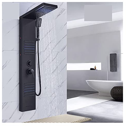 Matt svart LED duschpanel set – vattenfall regndusch blandarkran, SPA badkolumn med dubbla handtag för ultimat avkoppling (modell 6004 d 1)