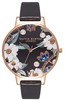 Olivia Burton Analog Quarzuhr für Damen Kollektion Bejewelled Florals mit Schwarzes Lederarmband - OB16BF04