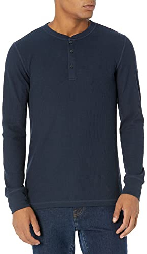 Amazon Essentials Men's Långärmad Henley-våffelskjorta med smal passform, Marinblå, L