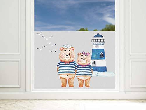 GRAZDesign Fensterfolie Blickdicht Fenster [80x57cm] Bad & Dusche | Leuchtturm mit Zwei Bären, maritim | Sichtschutzfolie Glastür, Badfenster, Flur, Farbe grau mit Motiv Milchglasfolie BxH