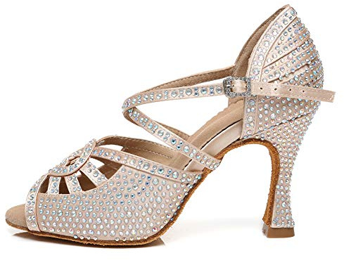 HRYOL Donna Raso Scarpe da Ballo Latino con Strass Scarpe Ballo Strass Salsa da Sala L466 Beige 7.5cm Tacco, EU37