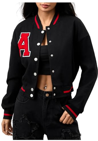 MakeMeChic Women's Varsity Bomber Jackets Letter Graphic Casual Button Down Long Sleeve Baseball Jacket Outerwear Black Small