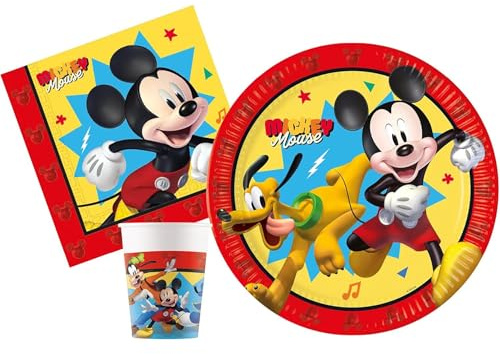 Isola Party Kit festa di compleanno Topolino Mickey Jump Into Fun per 16 persone eco-friendly (16 piatti di carta ⌀ 23 cm, 16 bicchieri di carta 200 ml, 20 tovaglioli di carta 33x33 cm)
