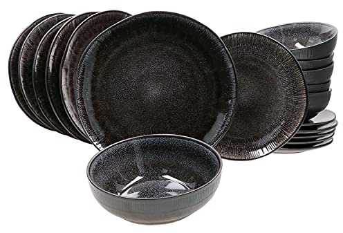 MamboCat Reactive Glaze Black Zakynthos Service de table 18 pièces pour 6 personnes I Service de table avec 6 assiettes plates – Assiettes à gâteau et bol à céréales I Service de table en faïence fait