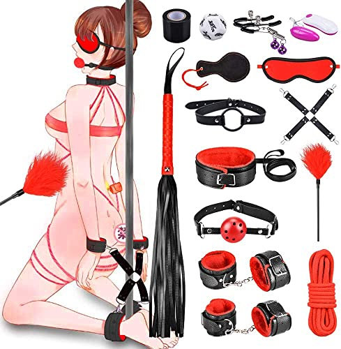 15 Pezzi Kit Bondage, Set in Pelle Fetish SM per Principianti, Set di Giocattoli Erotici per Bondage per Adulti, Coppia con Manette, Guinzaglio per Maschera per Gli Occhi (15 Nero)
