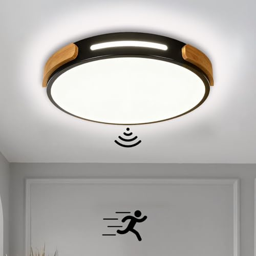 LED Holz Deckenleuchte mit Bewegungsmelder Innen Sensorlampe Modern Runden Deckenlampe mit Tageslichtsensor Decke Lampe für Flur Korridor Treppe Wohnzimmer Balkon Küche Veranda Büro (Schwarz,30cm)