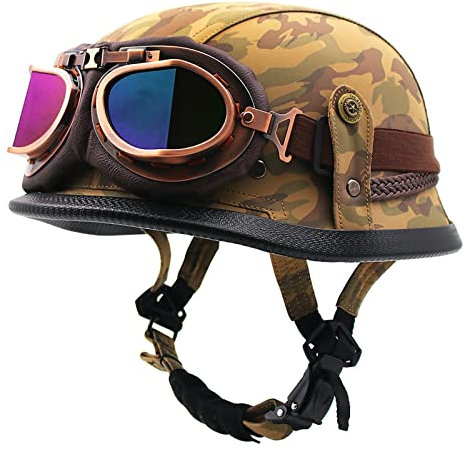 HZIH Portatile Mezzi Caschi Jet retrò Casco Scodella Moto Casco con Occhiali,Classic Jet Aperto Caschi,Scooter Caschi Scodella Motorino Mezzo Casco DOT/ECE Certificazione J,XL=61-62cm