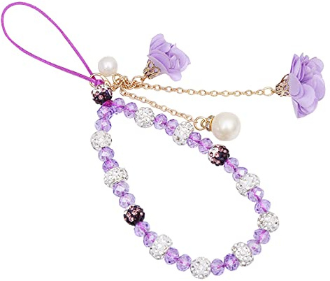 Omorro Crystal Flower Pendant Keychains Beaded Phone Strap Lanyard Anti-Lost and Non-Slip Mobile Phone Strap for Handbag Decoration Accessories Purple