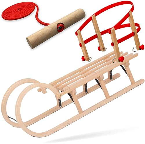Explorer Colint Holzschlitten mit Rückenlehne für Kinder ab 1 Jahr und Erwachsene Set Schlitten Holz Hörnerschlitten mit 150cmLeine und Kunststoff/Holz Rückenlehne in Rot 110cm Alpina Fun