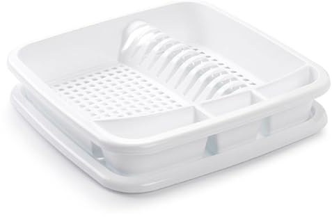 Acan Tradineur - Escurreplatos de Plástico - Fabricado en plástico - Organizador de Cocina, Escurridor con Bandeja para Cocina - 39 x 39 x 7,5 cm - Color Blanco