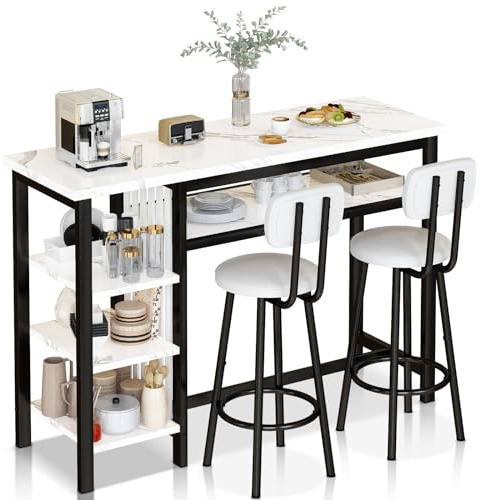 Lamerge Furniture Kitchen Bar Height Table and Chairs for 2, 5-Tier Compact Dining Room Table, White Faux Marble Top and 2 PU Leather Upholstered Seat Black Frame, Modern Dining Set for Home & Office