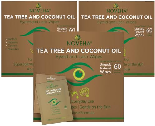 NOVEHA Tea Tree & Coconut Oil Eyelid & Lash Wipes | For Demodex, Blepharitis & Itchy Eyes - Effective Eyelash Wipes With Aloe Vera, Natural Makeup Remover & Daily Eye Cleanser - 60PCS (Pack of 3)