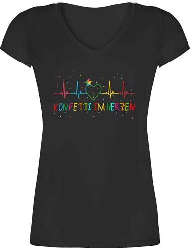 Shirtracer - T-Shirt Damen V Ausschnitt - Karneval & - Konfetti im Herzen Herzschlag Fasching I