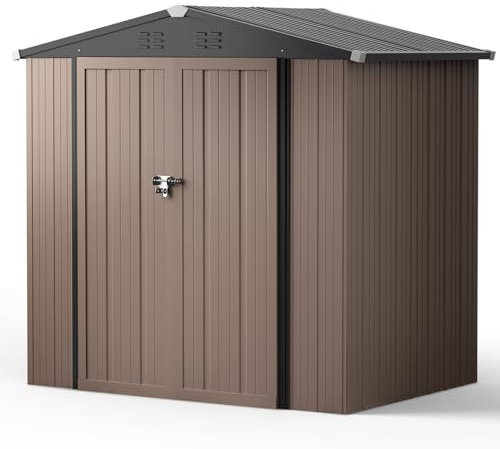 XEMQENER Lockable Garden Storage Shed, 4x6 FT Outdoor Storage Shed Waterproof, Galvanized Steel Metal Storage Shed for Gardening Tools, Garden Equipment, Bike, 186x130x189 cm, Brown