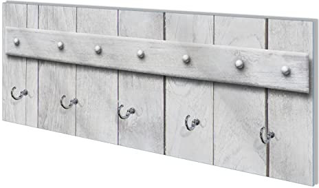 Wallario Wandgarderobe aus Glas in Größe 80 x 30 cm mit Memoboard-Funktion, Motiv: Graue Holztür | 5 Kleiderhaken zum Aufhängen von Jacken
