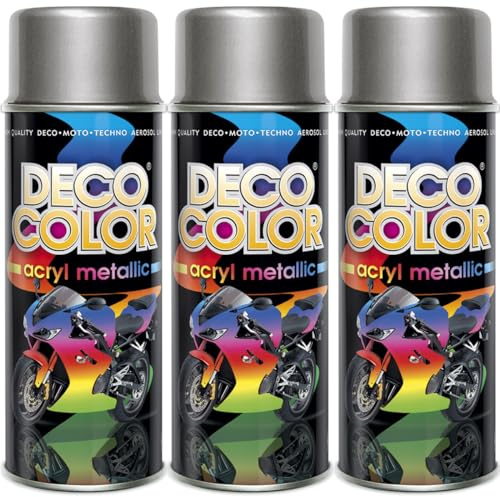 Deco Color 3er Sparpack Lackspray 400ml - Sprühlack mit Effekt für z.B. KFZ, Fahrrad (3 Dosen Lackspray Silber mit Metallic-Effekt)