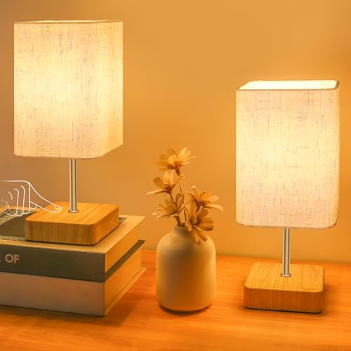 Jayencer Nachttischlampe Touch Dimmbar 2er Set, Tischlampe Touchdimmer Glühbirne Drei Helligkeitsstufen, Lampenschirm aus Leinenstoff, Tischleuchte für Schlafzimmer Wohnzimmer, Büros