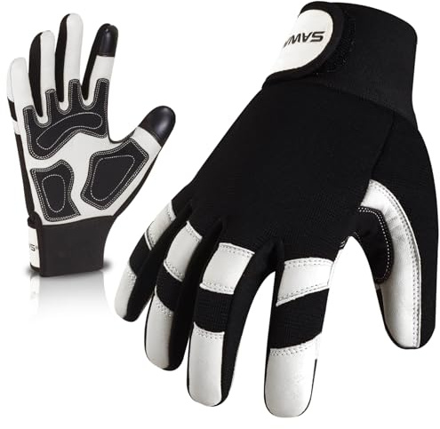 SAWANS Gants de travail de jardinage en cuir résistant aux épines, construction respirante, mécanique flexible pour le travail, gants de sécurité utilitaires pour hommes et femmes, gréeur (Blanc, M)