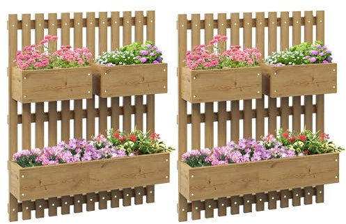 Outsunny Set of 2 Wall-mounted Wooden Garden Planters with Trellis, Drainage Holes and Movable Planter Boxes, Wall Raised Garden Bed for Patio, Carbonised