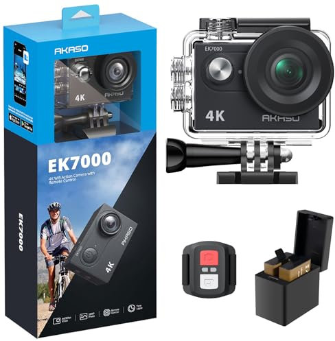 AKASO EK7000 Action Cam 4K, Fotocamera Subacquea WiFi 20MP, Impermeabile 30M, Microfono Esterno Compatibile, Telecomando, 2 Batterie 1050 mAh, Accesorios Multiples per Bicicletta Casco Sci Surf