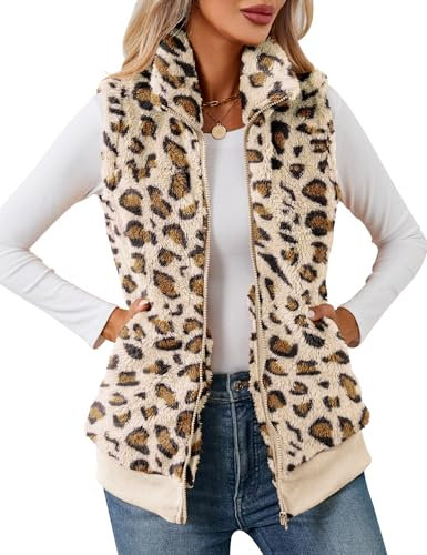 IECCP Damen Fleece Weste Jacke Standkragen Ultraleicht Outdoor Westen Tops mit Taschen Reißverschluss Gilets Damenweste(Apricot Leopard,S)