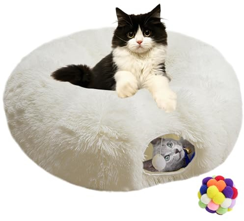 Naielfopet Katzentunnel, flauschig, warm, Plüsch, rund, weich, faltbar, mehrere Kombinationen, für Katzen, Kätzchen, Welpen, Kaninchen, Frettchen, Weiß