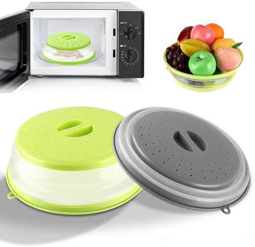 2 coperchi per microonde, 21,7 cm, copertura per microonde, copertura per microonde, copertura per microonde, anche come cestello per filtro con fori per il vapore (verde e grigio)