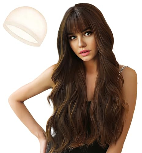 JSTHHTT 26 Perruques Brunes, Perruque Ondulée avec Frange, Synthétiques Perruques, pour la Fête Quotidienne Cosplay Wear (Brun)