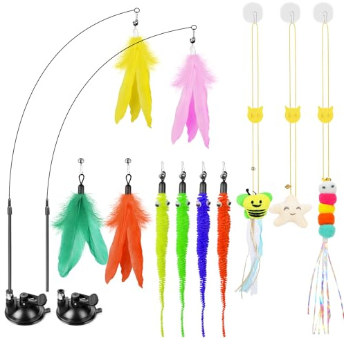 SUNSHINETOP Cat Wand Toy, Interactive Kitten Feather Toys Self Play, Cat Teaser for Indoor Cats Reusable Suction Cup Toys for Indoor Cats Kittens Play Exercise