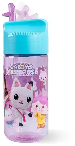 p:os Gabby's Dollhouse Gourde pour enfant, 430 ml, avec paille, petite bouteille parfaite pour la maternelle, l'aire de jeux ou la maison, pour filles, violet